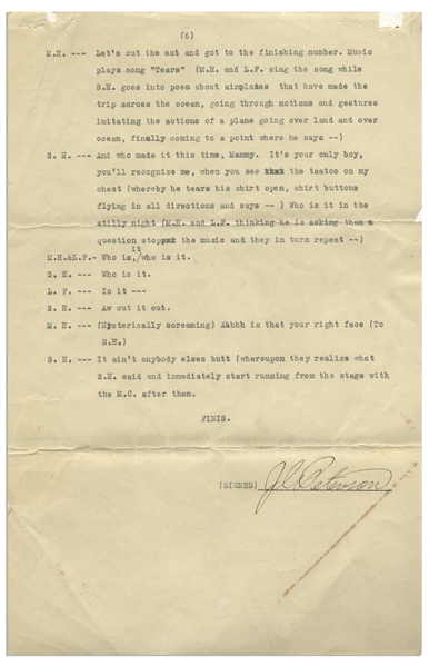 Interesting Notarized Statement From 1931, Confirming Notary Witnessed Howard, Fine & Howard Perform Skit at the Paramount Theatre in LA -- 6pp. Script for Skit Included -- 8.5'' x 13'', Very Good